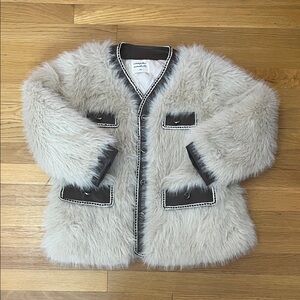 Kids Cream Faux Fur Coat with Contrast Trim